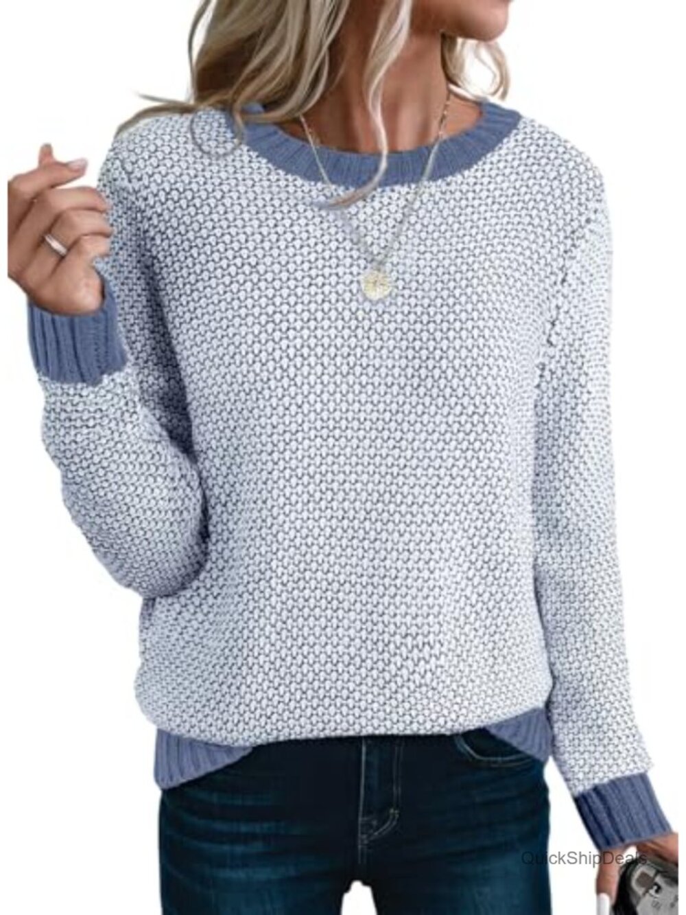 Womens Long Sleeve Crewneck Pullover Sweater Color Block Knit Jumper Top